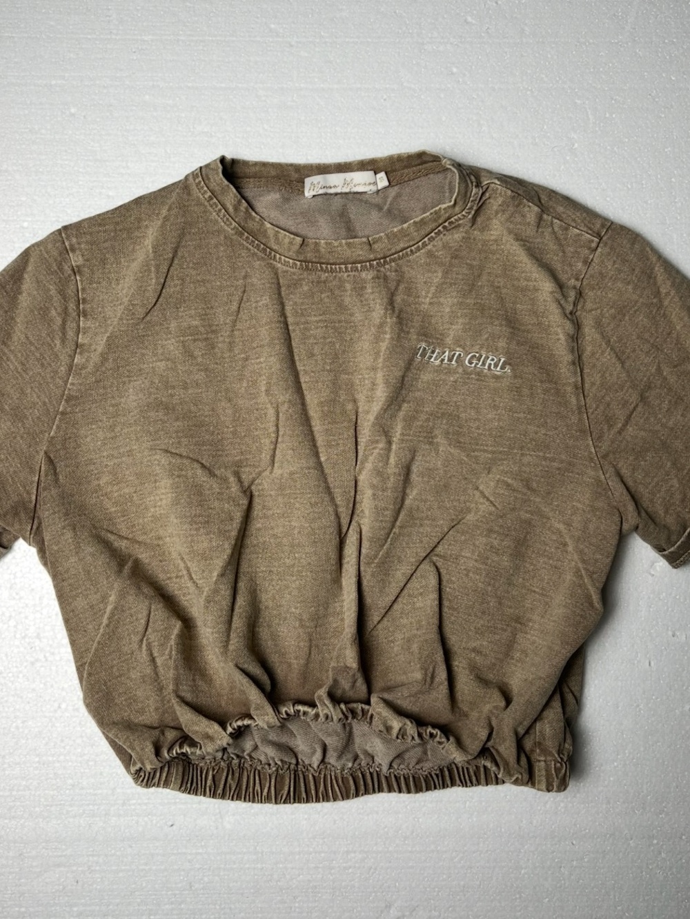 Minaa Monroe That Girl Crop Top Nude Vintage Wash Elastic Hem MM size S ExcCond